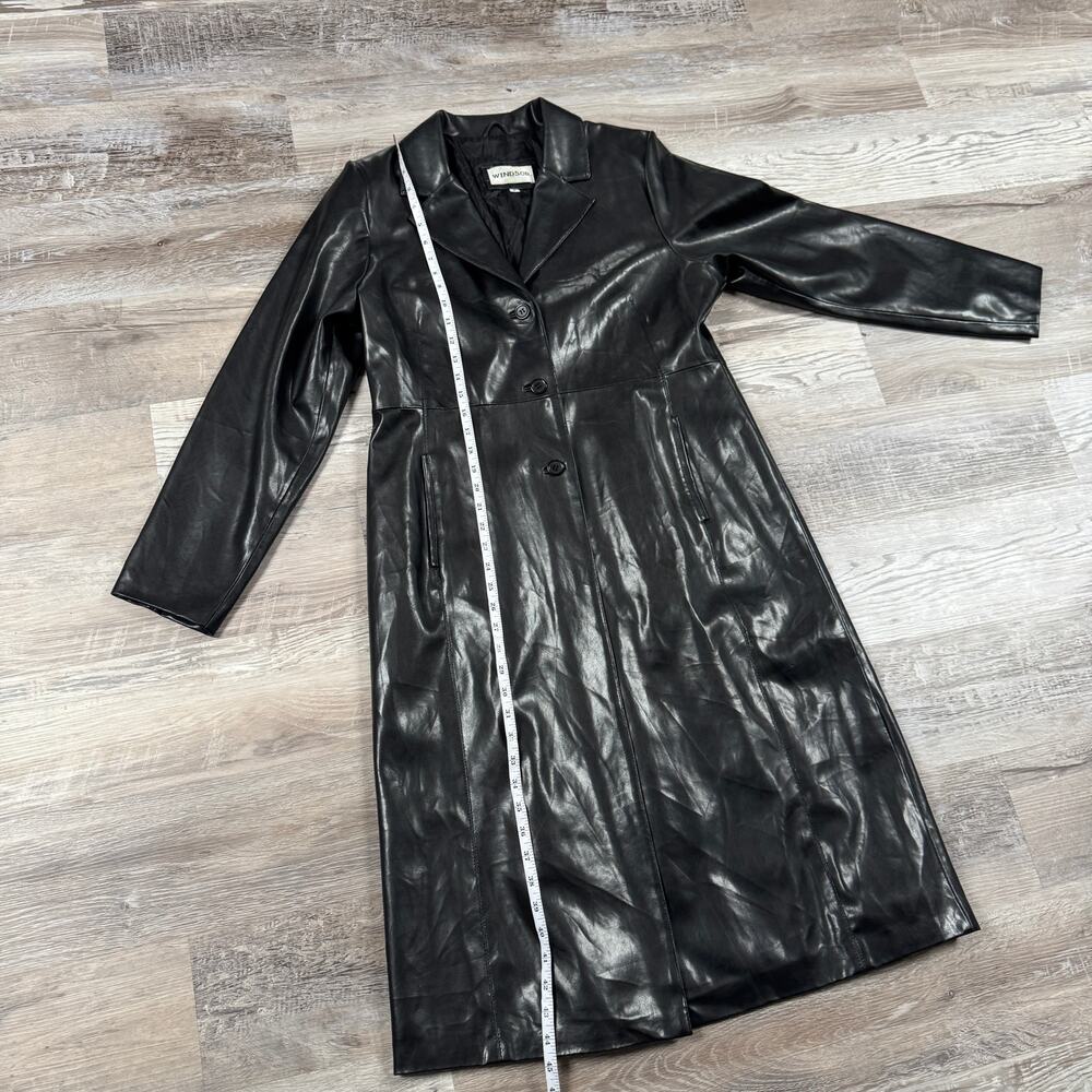 Vintage Y2K Black Faux Leather Trench Coat Long Matrix Goth Moto Duster Fall 16 - Picture 8 of 8